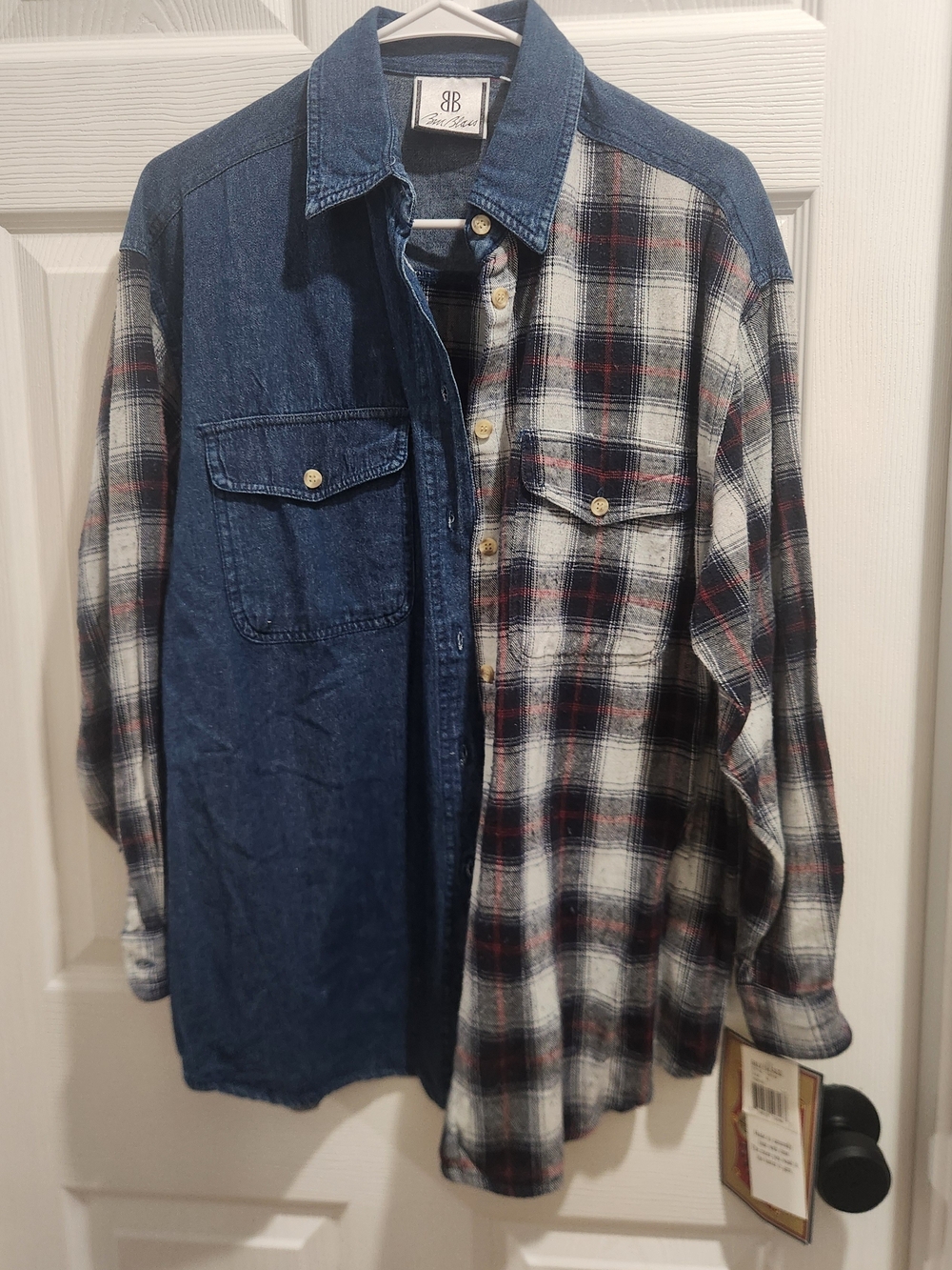 bill blass Two-Tone Denim and Black/White/Red Plaid Button-Down Shirt